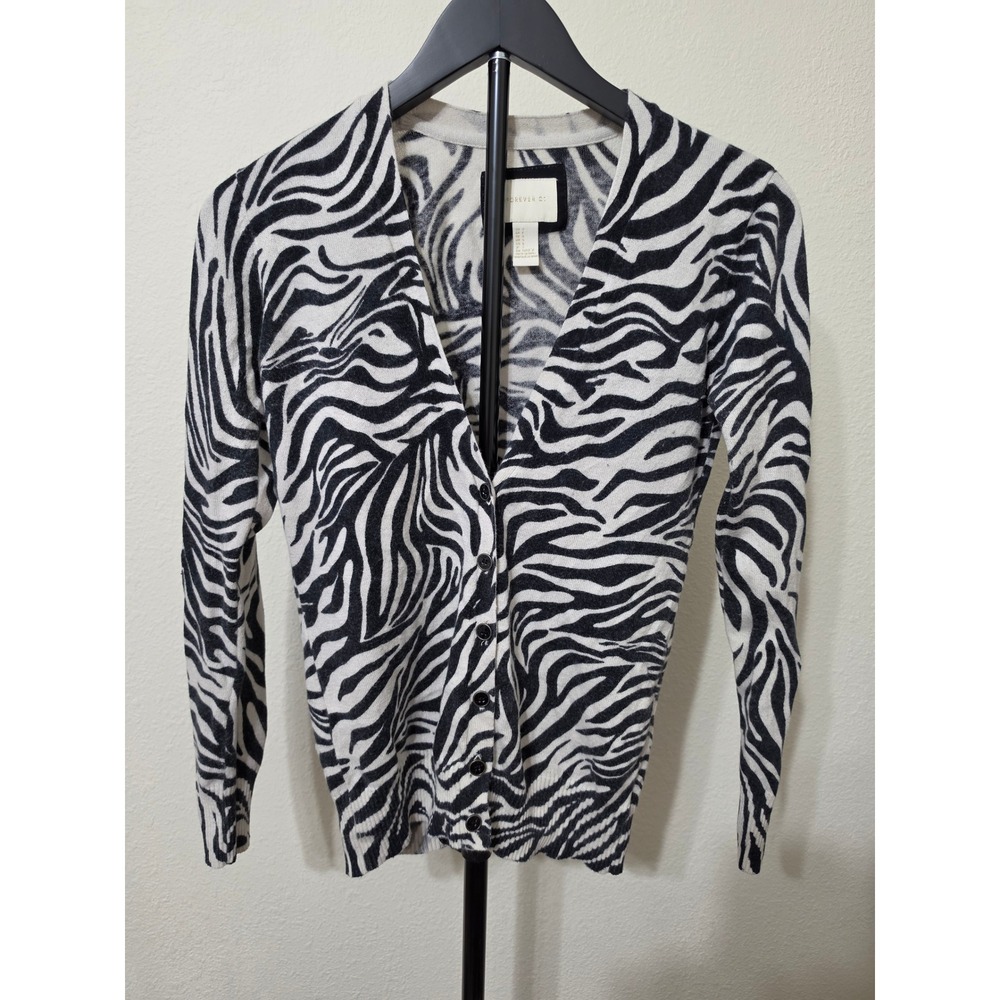 Forever 21 Zebra Print Cardigan Sweater Black White Cotton Angora Blend Small